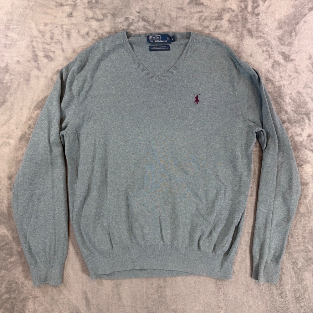 Polo Ralph Lauren Mens V-Neck Sweater Large Pony Logo Heather Blue Pima Cotton